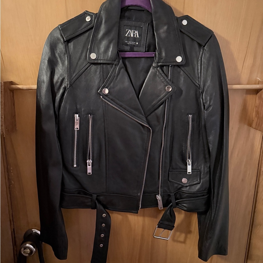 Zara Black Leather Moto Jacket with Silver Accents